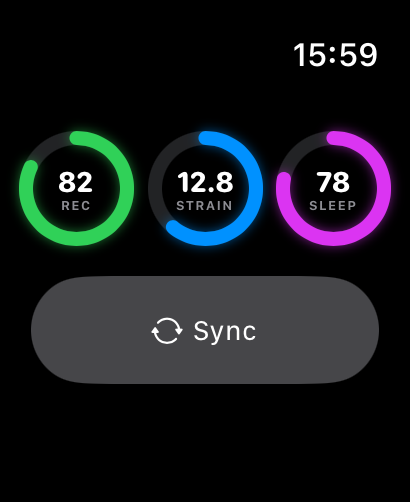 Swoopr watch app — Recovery, Strain and Sleep rings with a Sync button