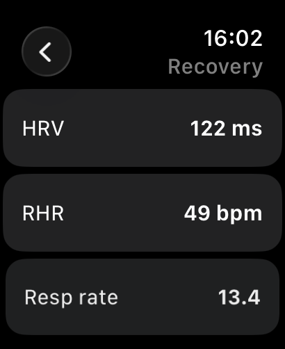Recovery detail — HRV, resting HR and respiratory rate