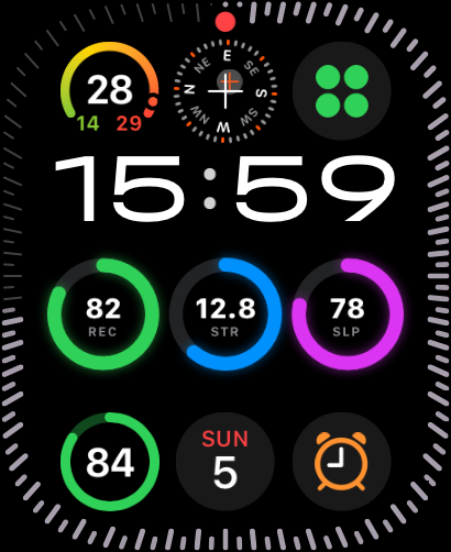 Swoopr Recovery, Strain and Sleep complications on an Apple Watch face